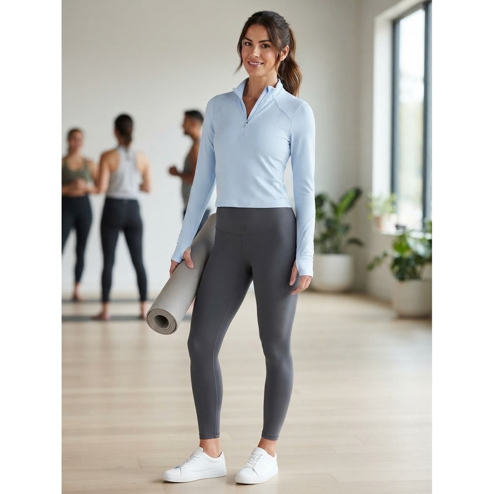 Mondetta Womens Ribbed Quarter Zip Pullover Light Blue Thumbhole Active Top S
